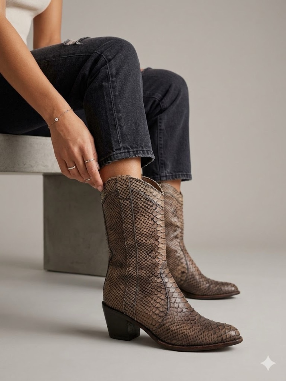 Stuart Weitzman Brown Snake-Print Heeled Western Boots